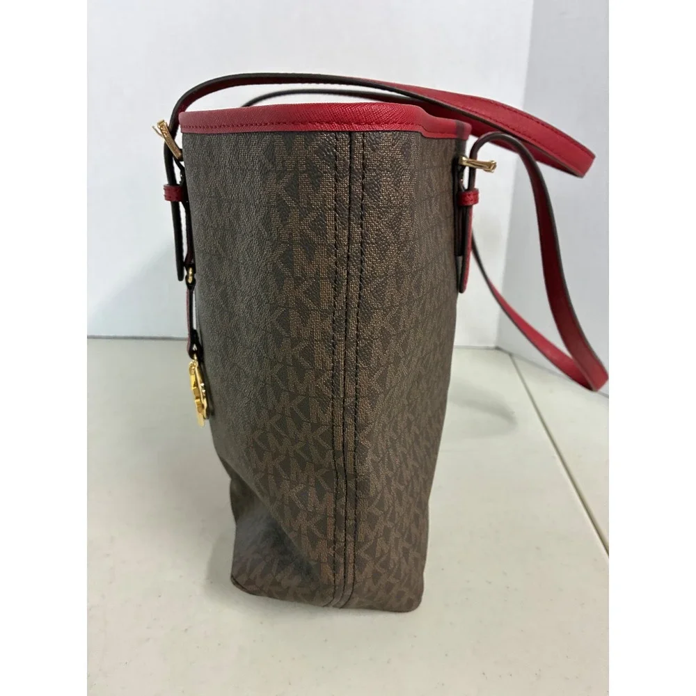 Michael Kors Brown Red Logo Tote Bag Gold‎ Hardware Saffiano Trim Large New